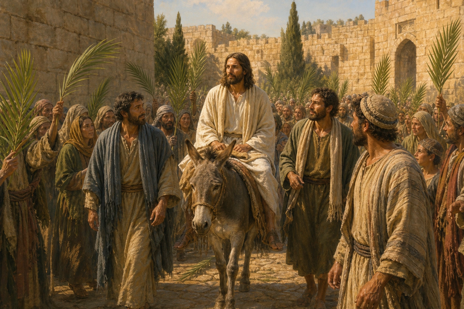 Jesús entra en Jerusalén sobre un borrico entre ramos de palmera.