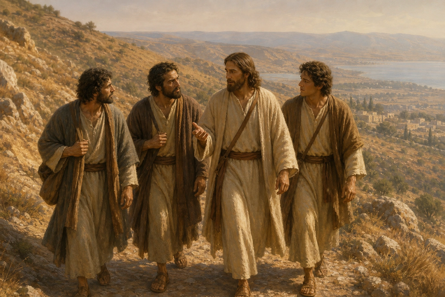 Jesús desciende de la montaña conversando con tres discípulos.