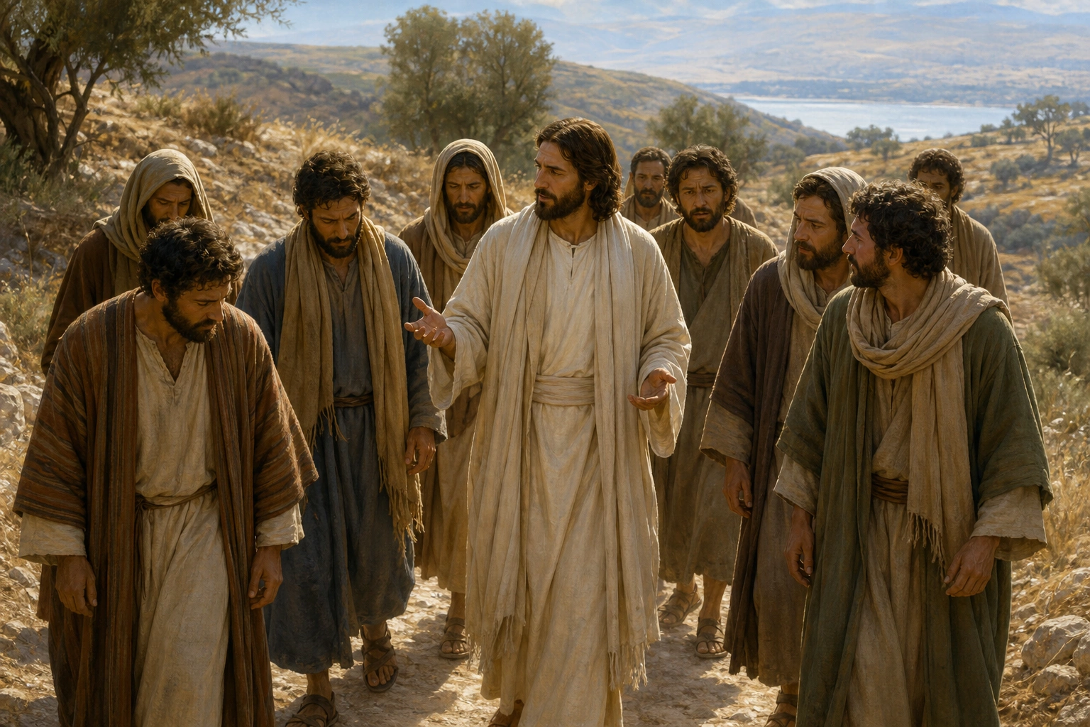 Jesús enseña mientras sus discípulos caminan temerosos por Galilea.
