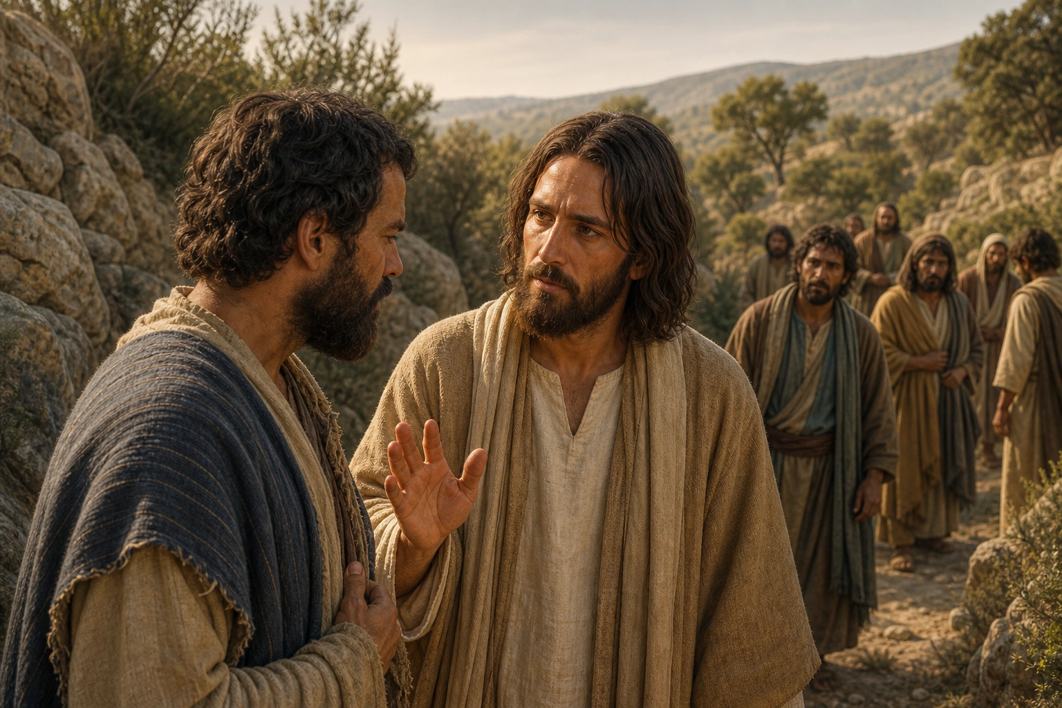 Jesús corrige con firmeza a Pedro en el camino.