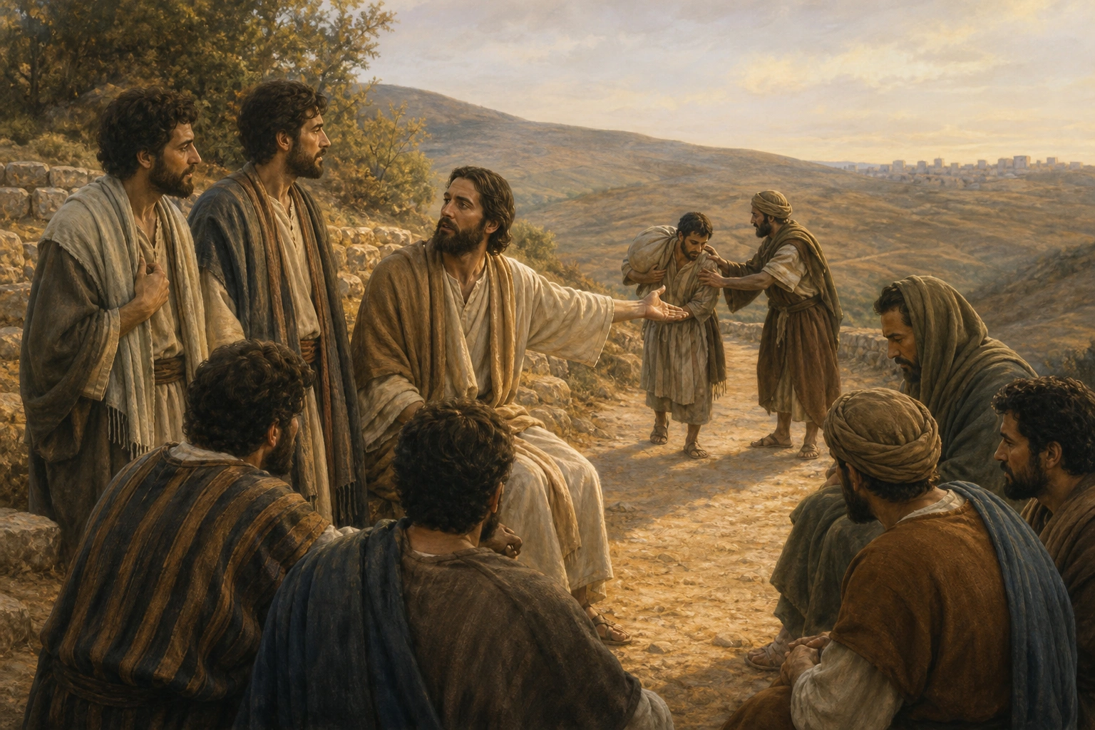 Jesús enseña a Santiago, Juan y los discípulos que la grandeza es servir.
