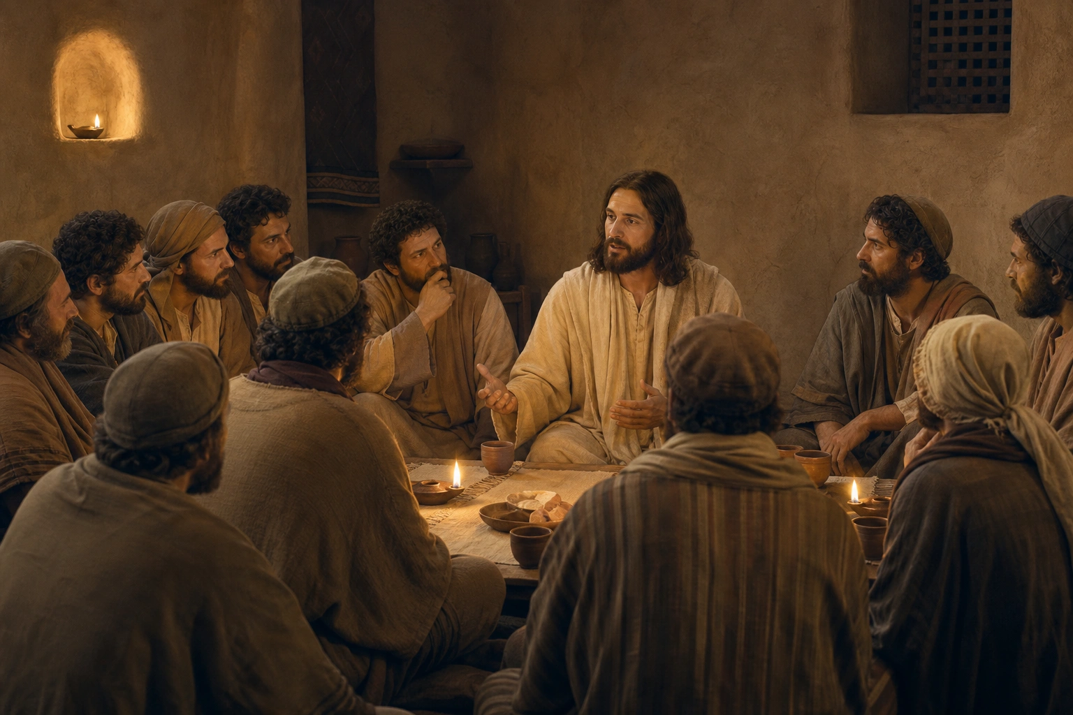 Jesús enseña a los discípulos reunidos durante la última cena.
