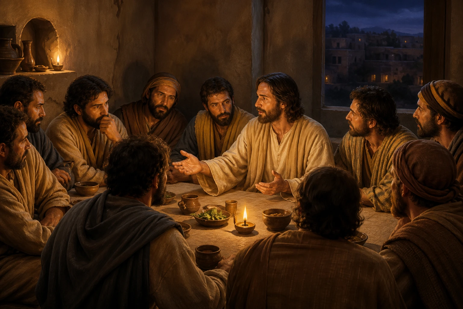 Jesús habla con paciencia a los discípulos durante la última cena.