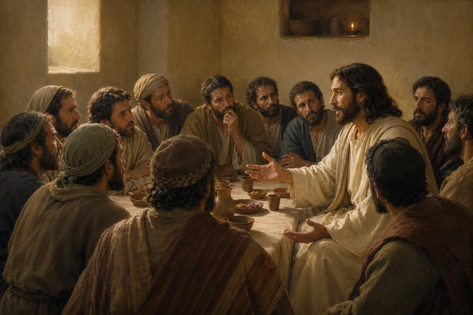 Los discípulos escuchan desconcertados la promesa de Jesús en la última cena.