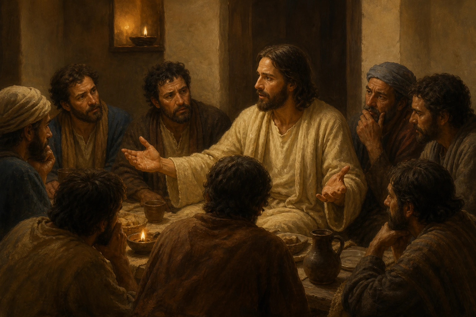 Jesús explica su partida a unos discípulos llenos de tristeza.