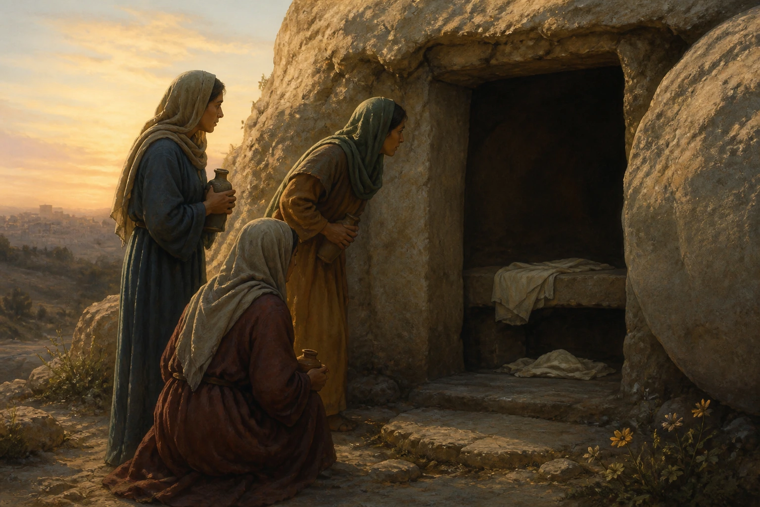 Las mujeres contemplan el sepulcro vacío con los aromas en las manos.