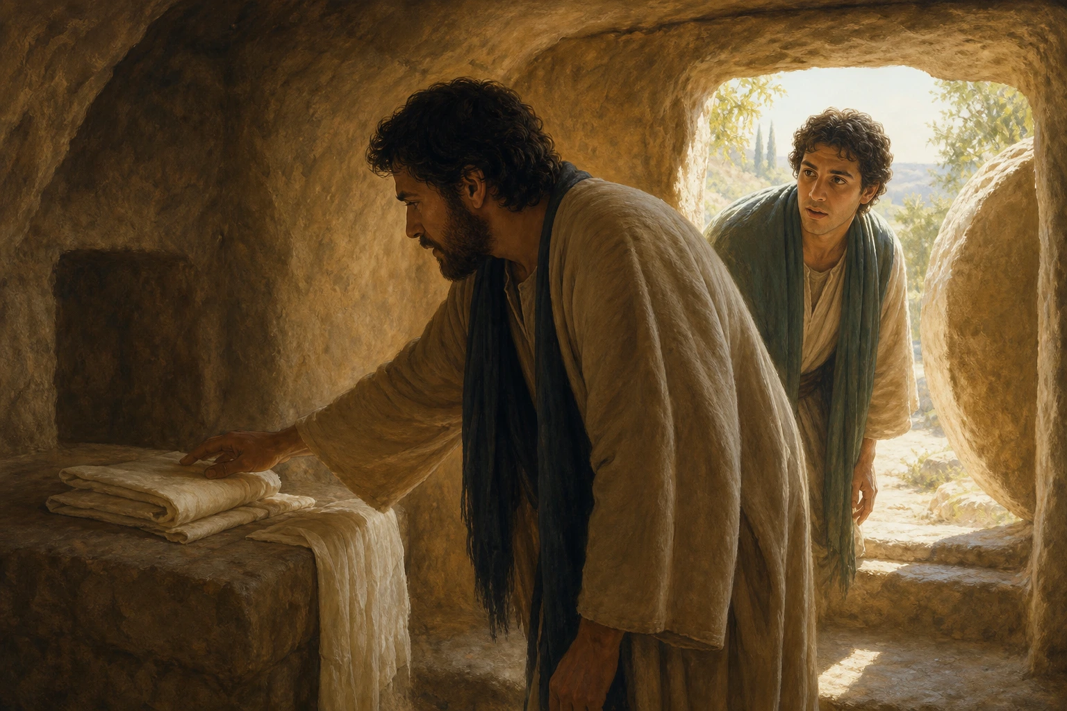 Pedro y Juan observan los lienzos en el sepulcro vacío.