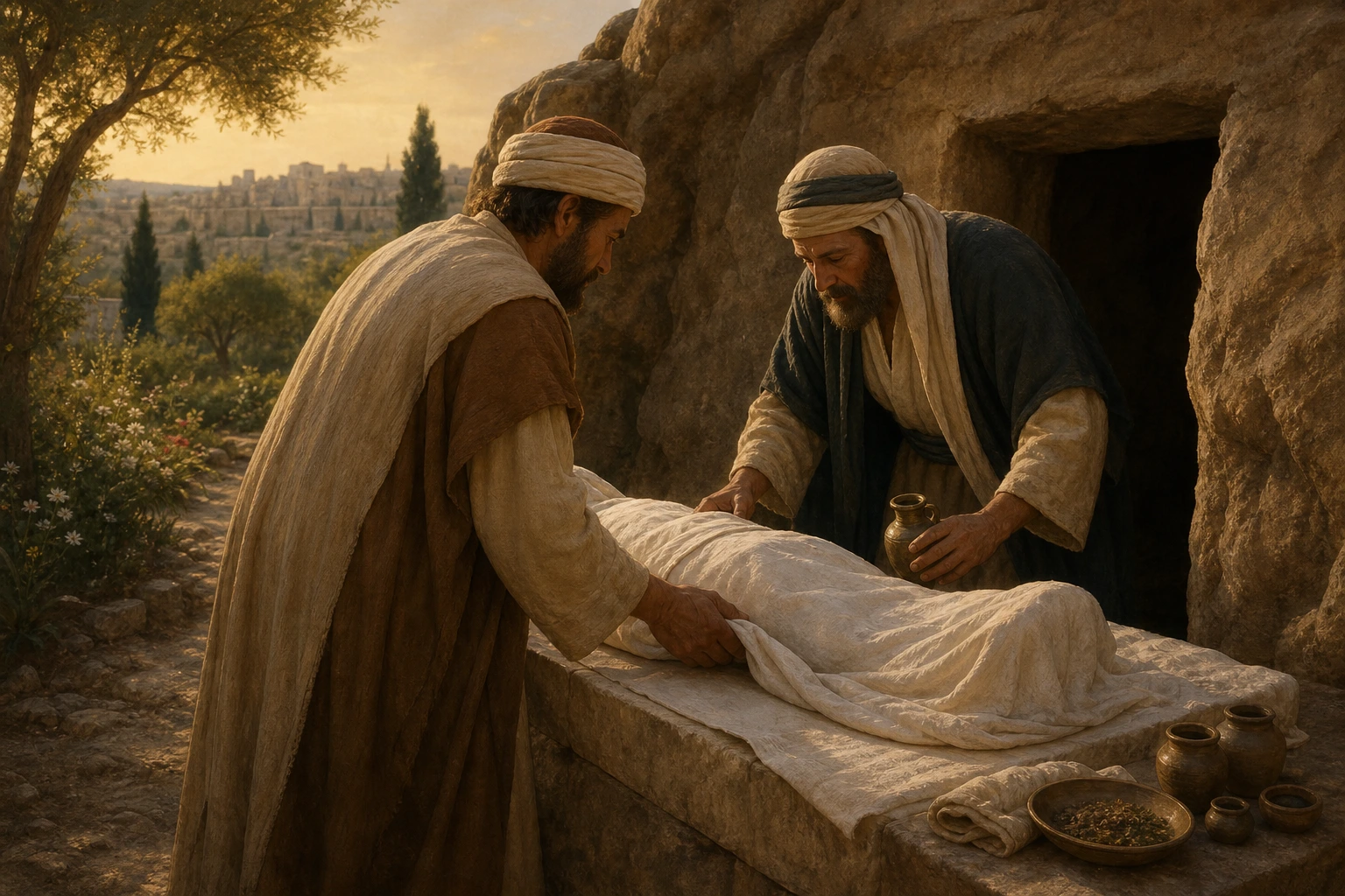 José de Arimatea y Nicodemo preparan con reverencia la sepultura de Jesús.