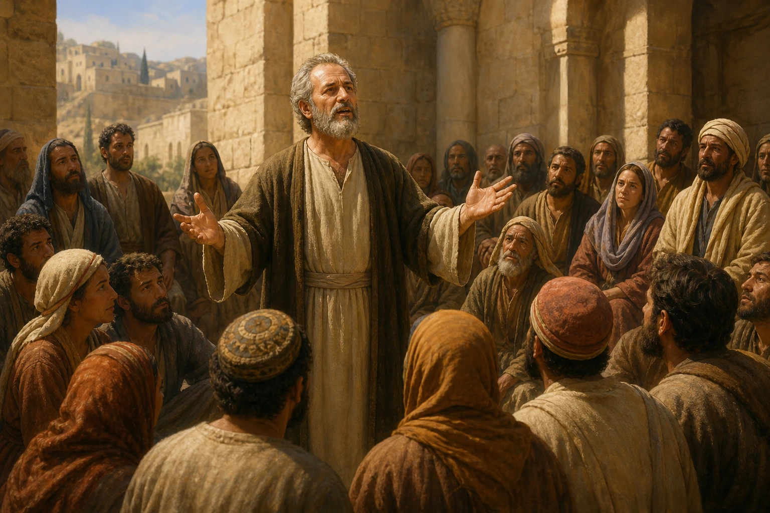 Pedro anuncia con firmeza a Jesús ante la multitud de Pentecostés.