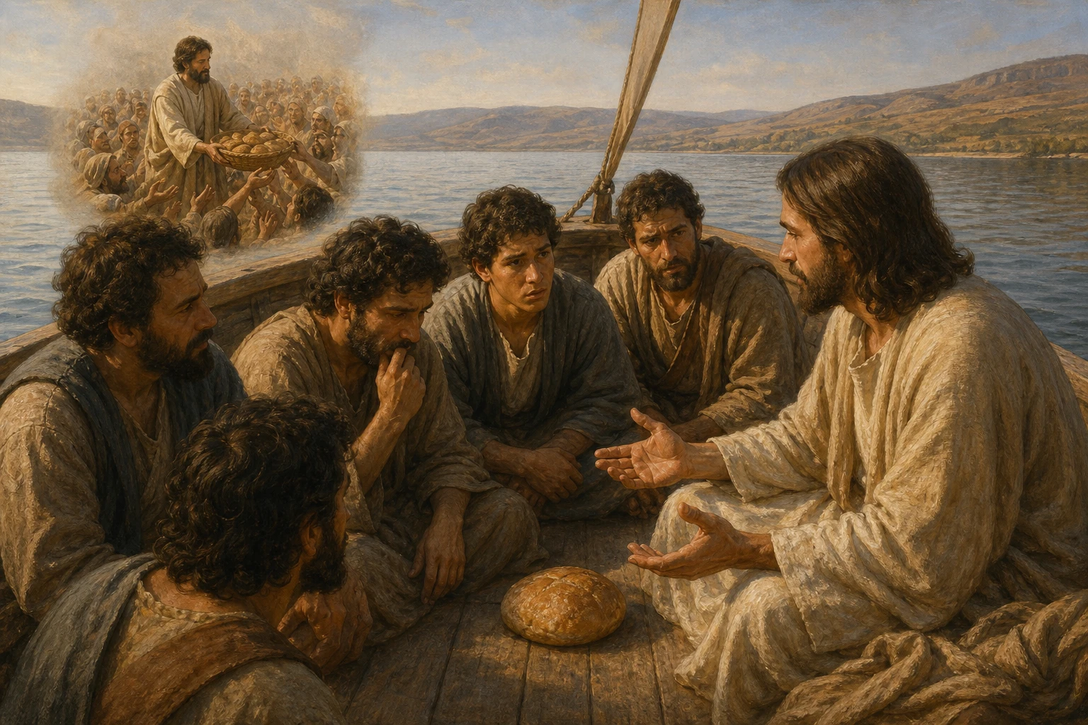 Jesús habla con los discípulos junto al único pan de la barca.