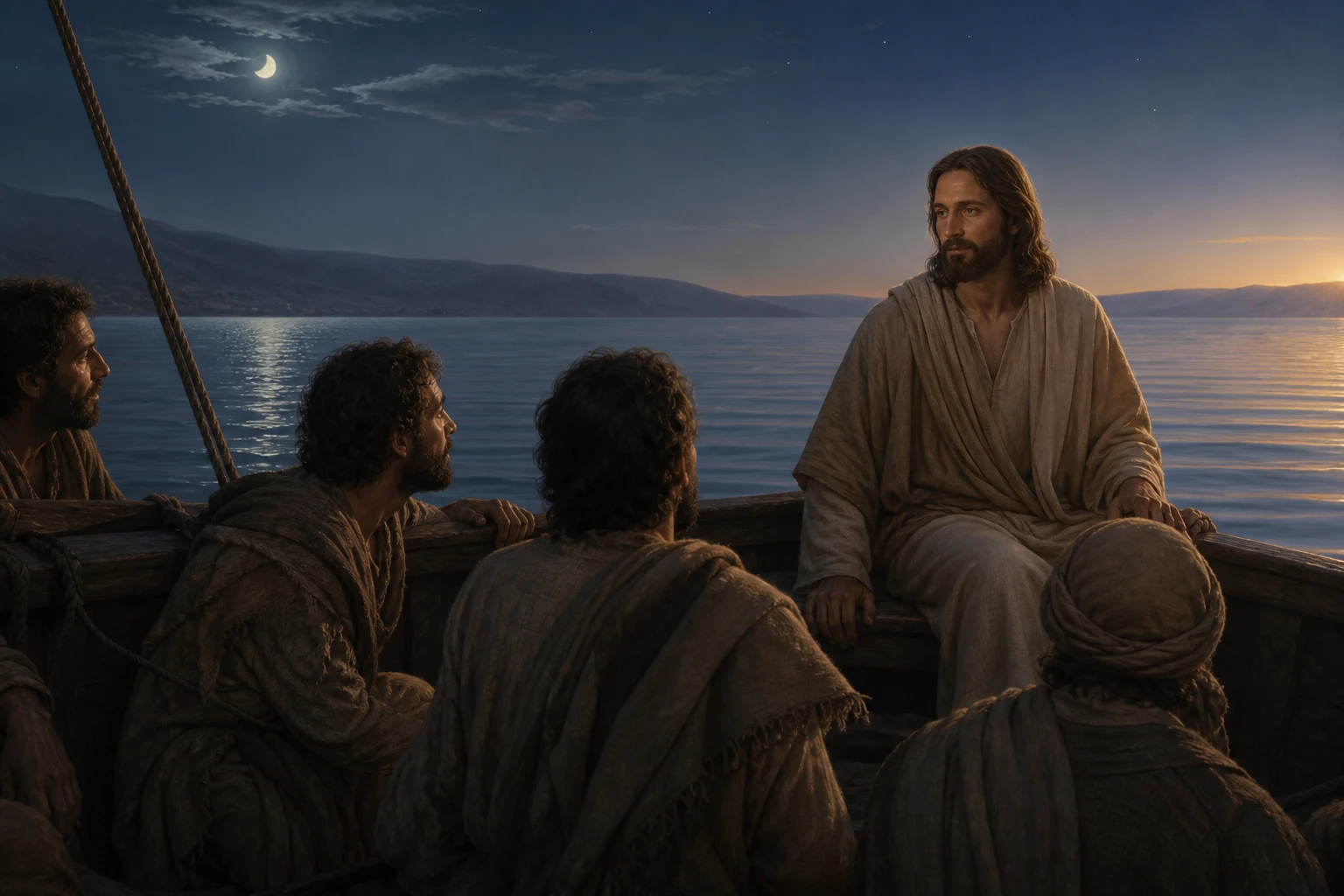 Jesús y los discípulos contemplan el lago ya en calma.