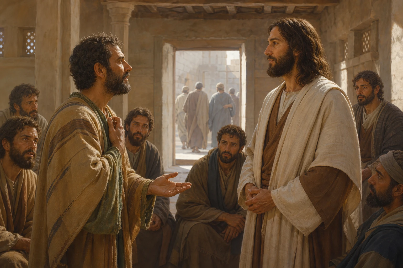 Pedro permanece ante Jesús mientras otros discípulos se alejan.
