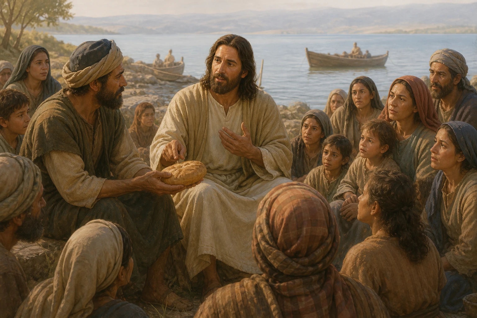 Jesús enseña a la multitud reunida junto al lago.