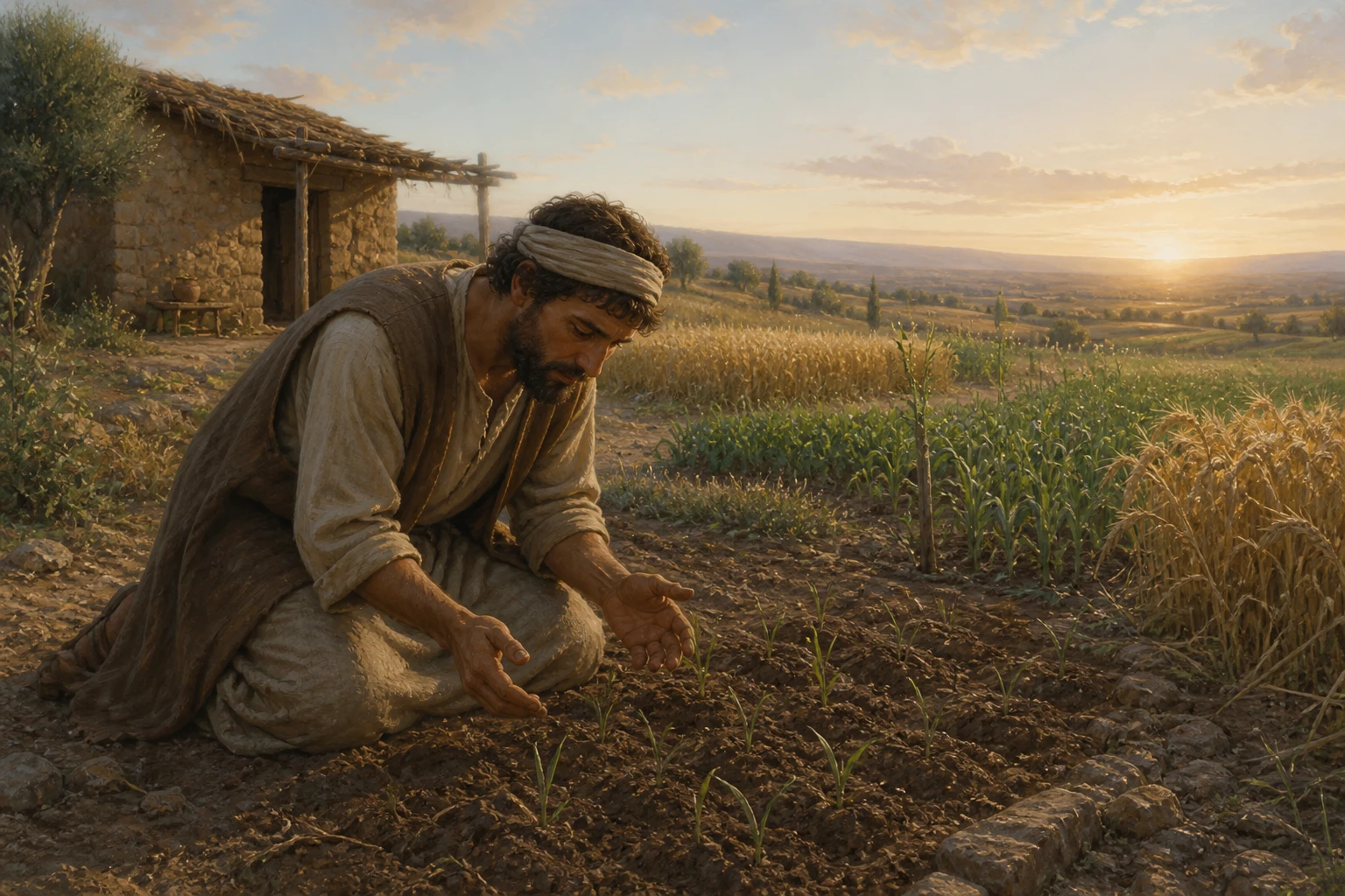 Un agricultor contempla los primeros brotes al amanecer.
