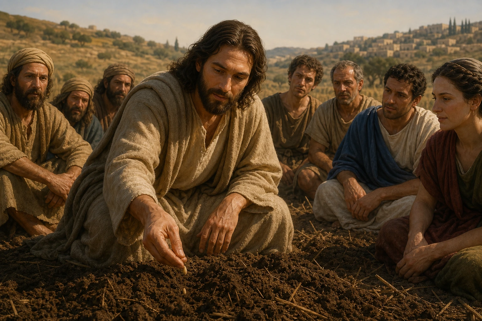 Jesús deposita un grano de trigo en tierra ante sus discípulos.