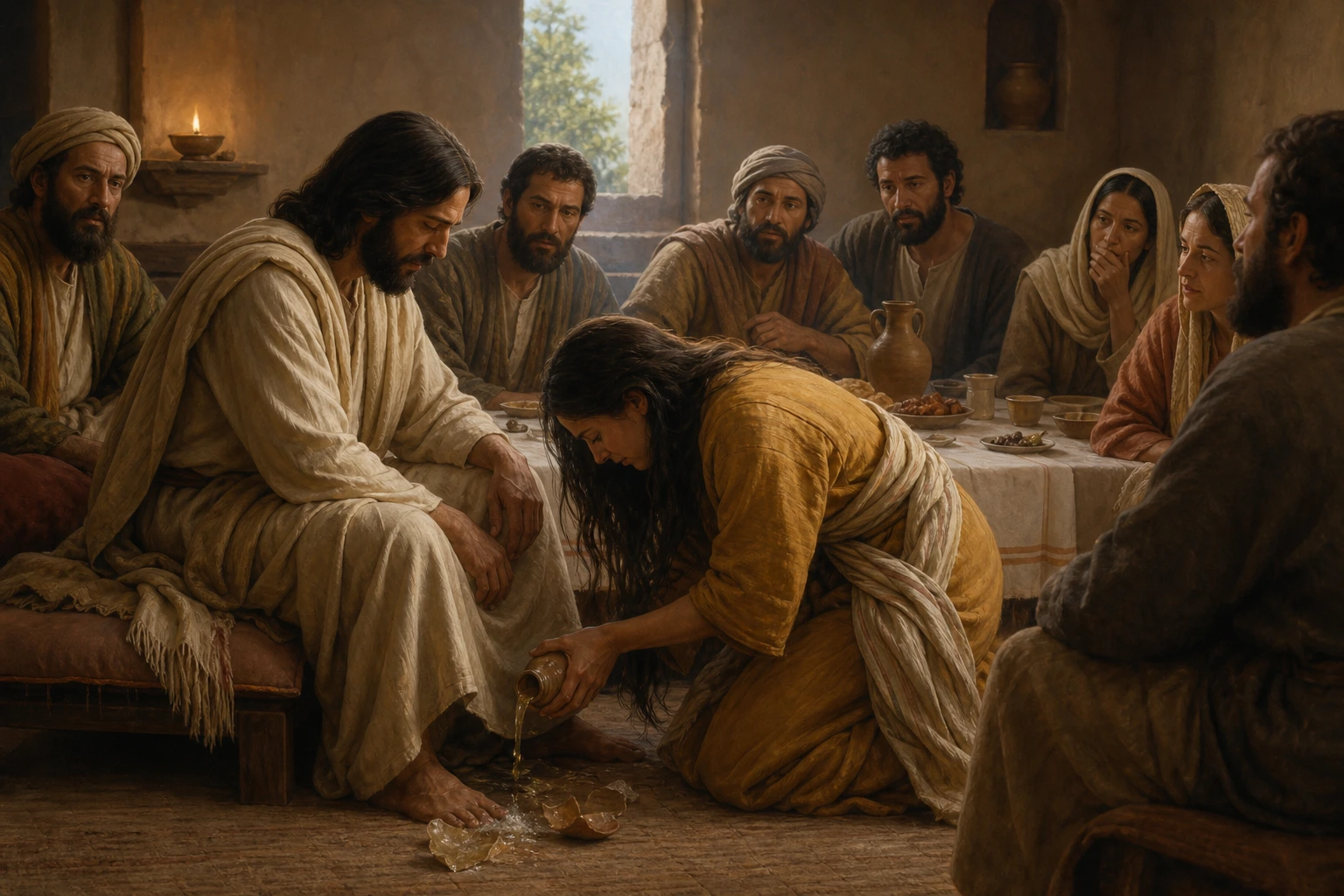 Una mujer unge a Jesús con perfume durante la comida en Betania.