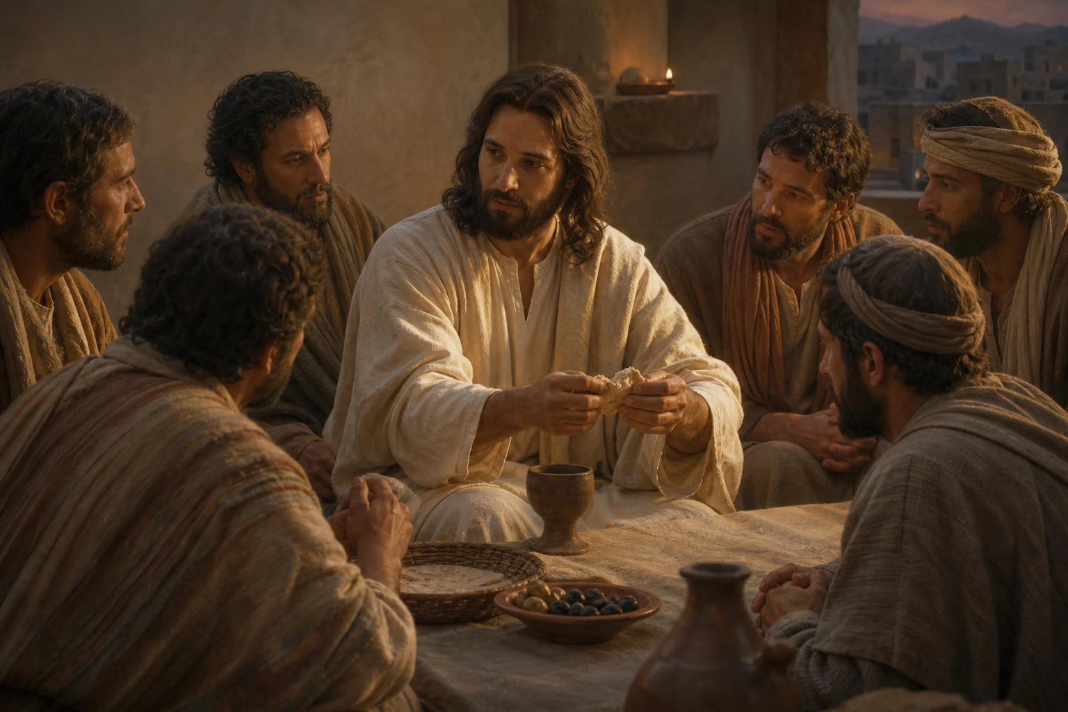 Jesús entrega el pan partido a sus discípulos en la Última Cena.