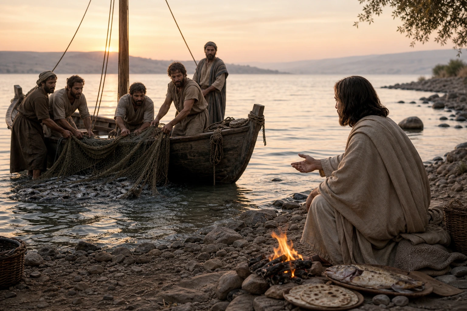 Los discípulos recogen la red llena mientras Jesús espera en la orilla.