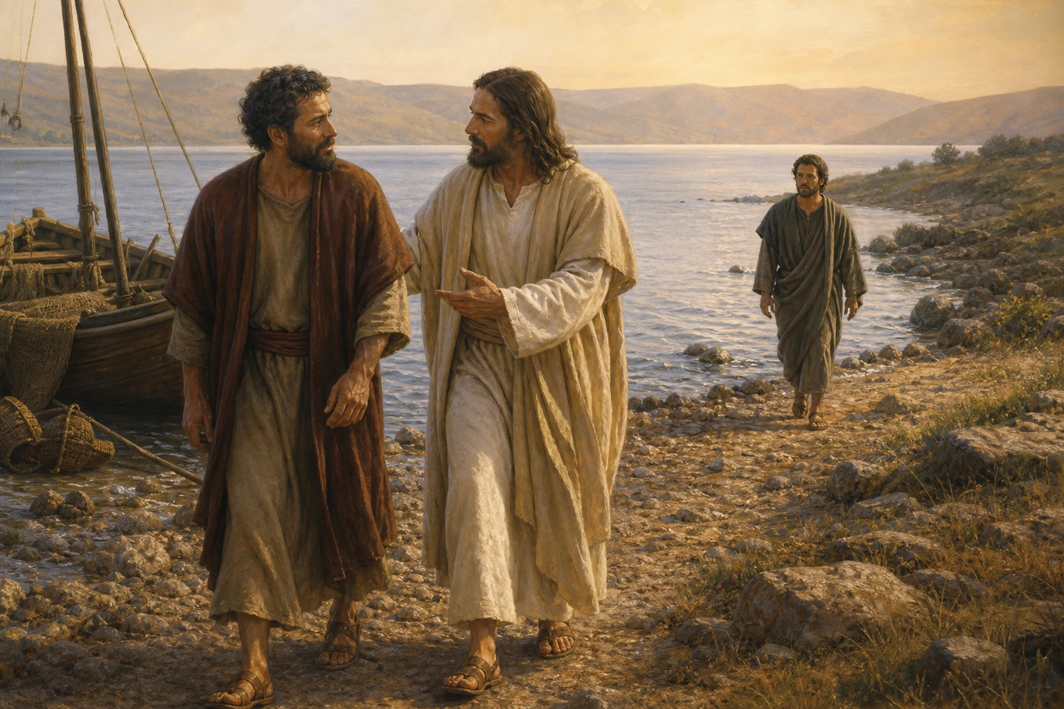 Jesús llama a Pedro mientras este vuelve la mirada hacia Juan.