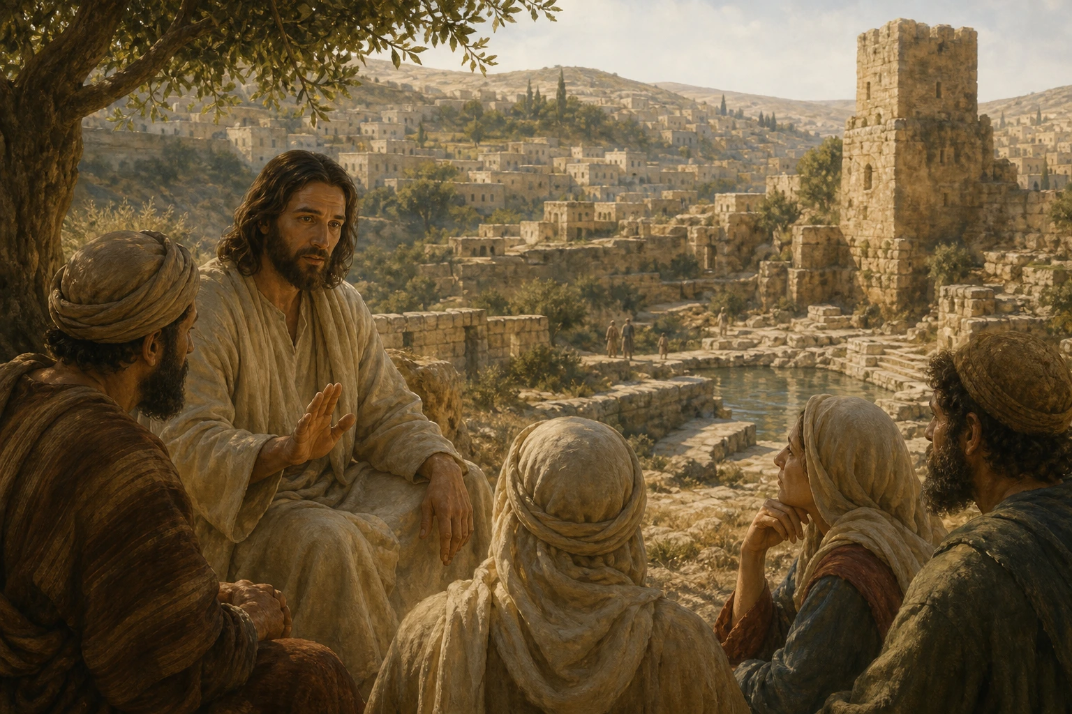 Jesús enseña con compasión cerca de la torre dañada de Siloé.