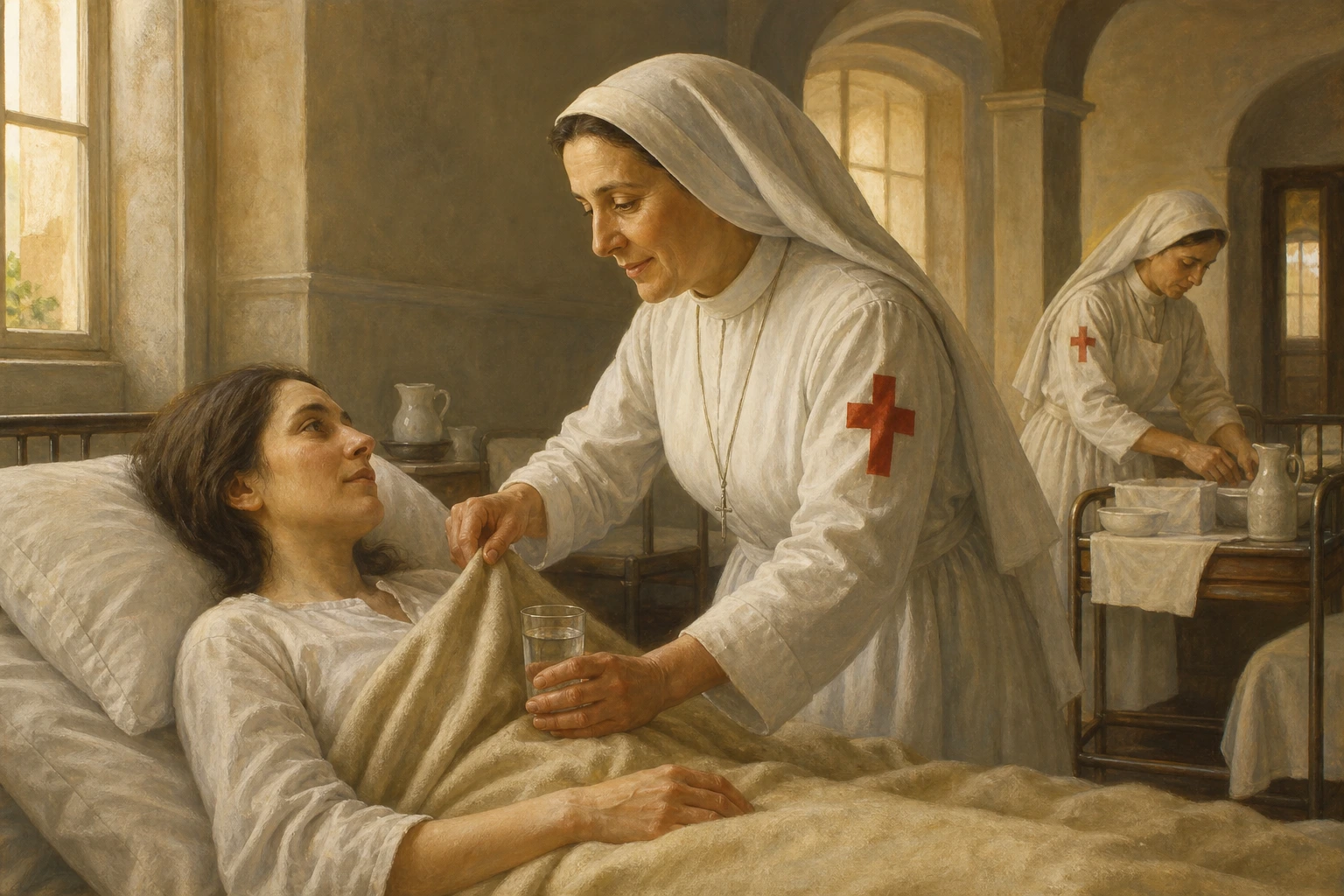 Santa Agustina Pietrantoni acomoda una manta y ofrece agua a una enferma en un hospital romano del siglo XIX.