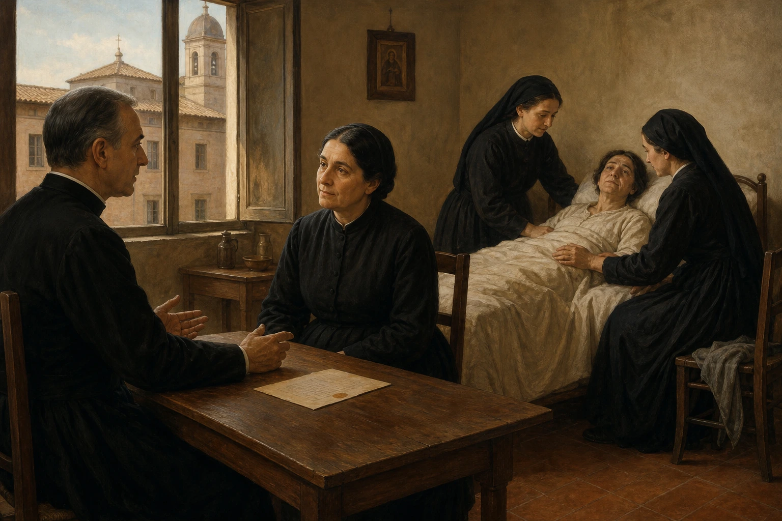 Josefina Vannini escucha al padre Luis Tezza mientras las primeras hermanas atienden serenamente a una enferma en Roma.