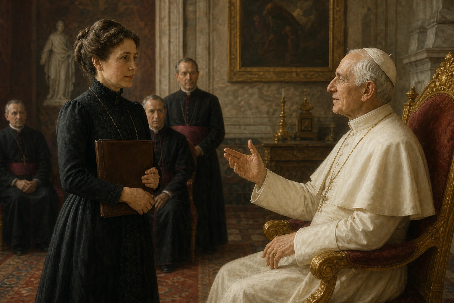 Katharine Drexel escucha la pregunta del papa León XIII durante una audiencia sobria en el Vaticano.