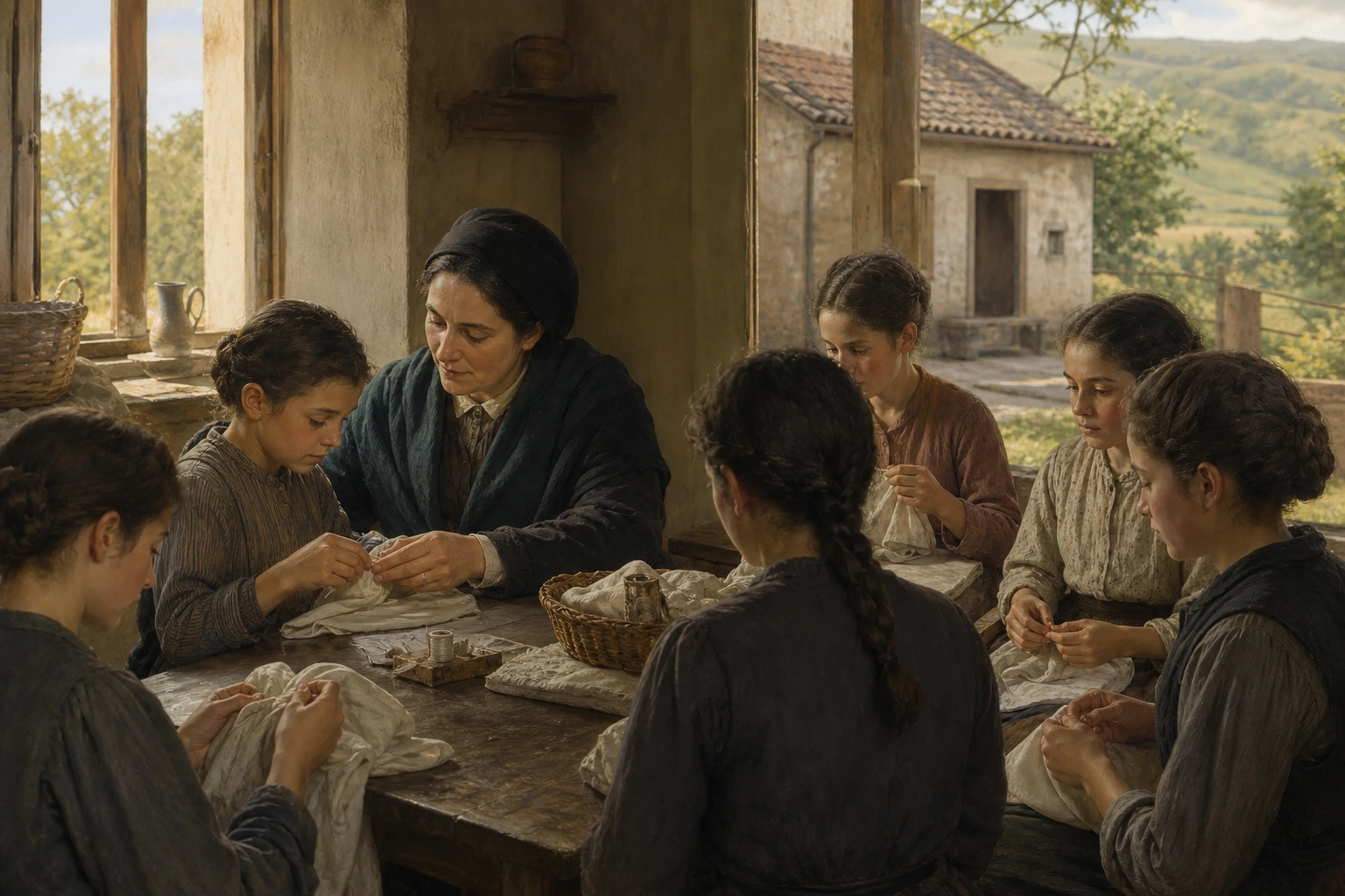 María Domenica Mazzarello enseña costura a varias muchachas en un sencillo taller de Mornese.