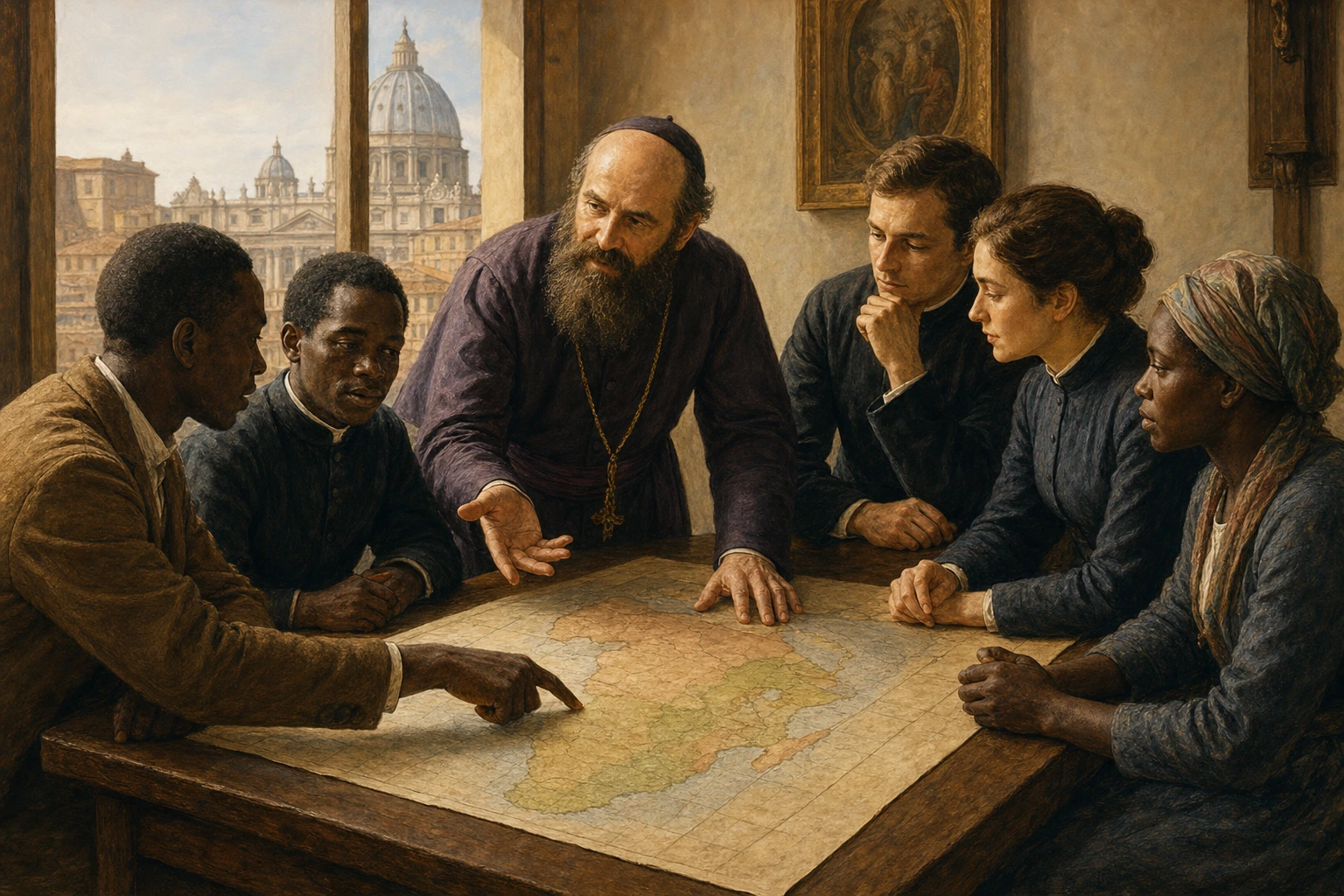 Daniel Comboni estudia un mapa de África central junto a colaboradores africanos y europeos reunidos en Roma.
