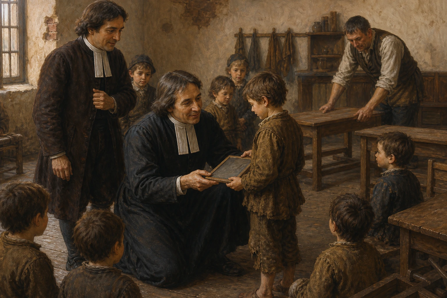 Juan Bautista de La Salle entrega una tablilla a un niño pobre en una humilde escuela de Reims.