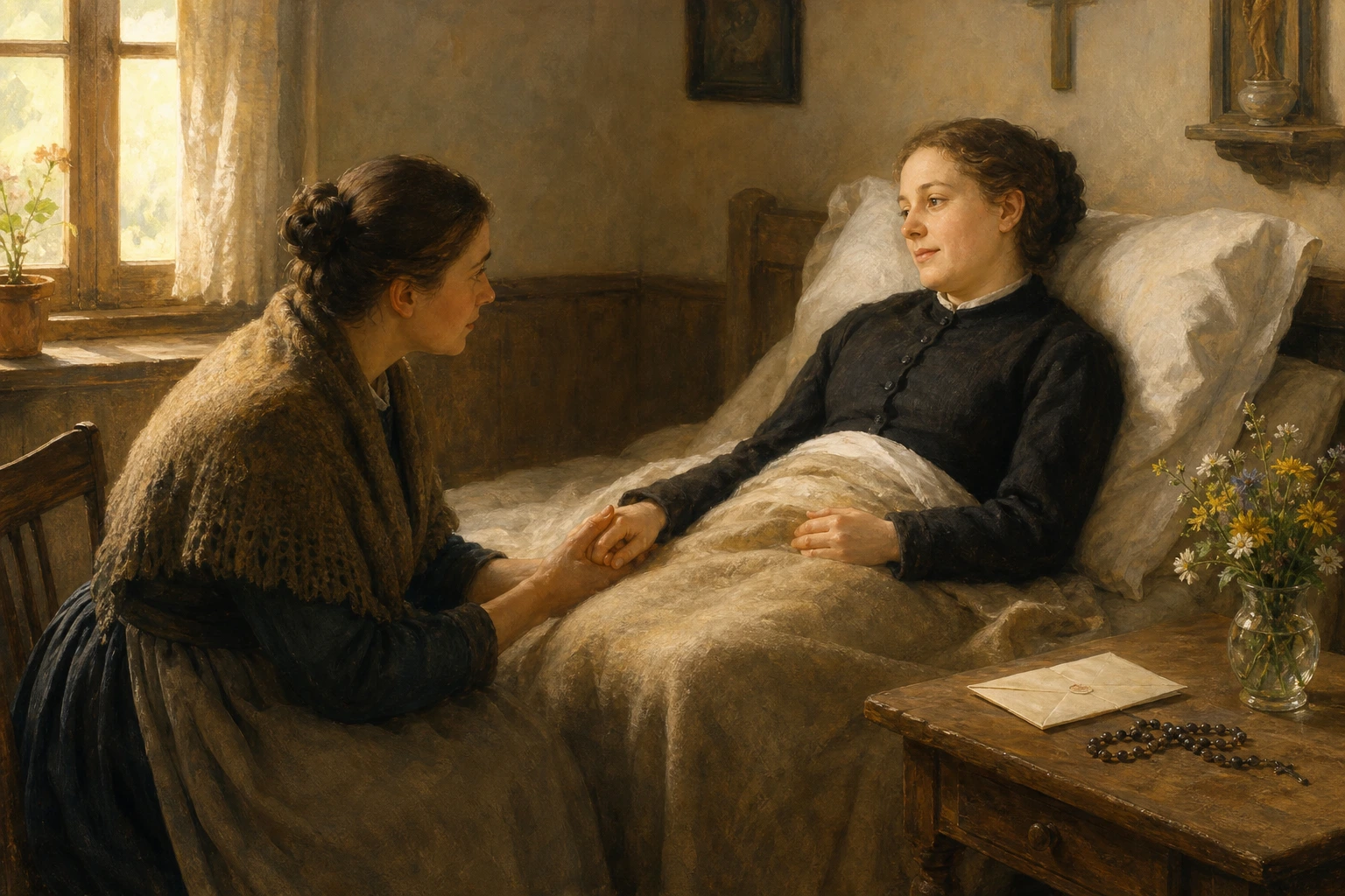 Anna Schäffer consuela y sostiene la mano de una visitante desde su cama en una habitación bávara.