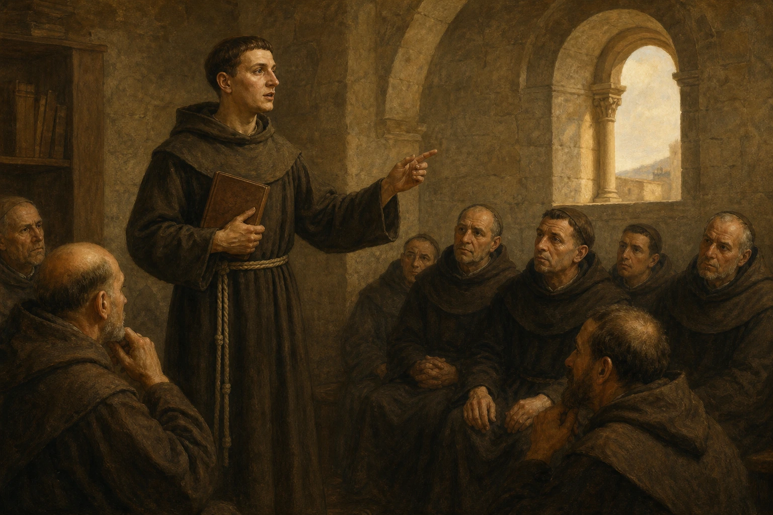 Antonio de Padua predica por primera vez ante una comunidad de frailes atentos en Forlí.