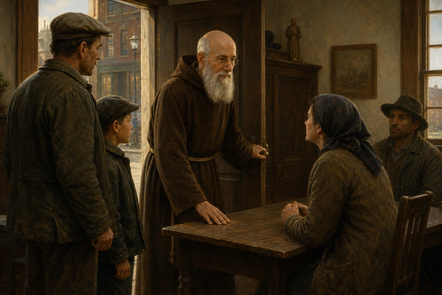 Solanus Casey abre la portería del convento y escucha atentamente a una familia trabajadora de Detroit.