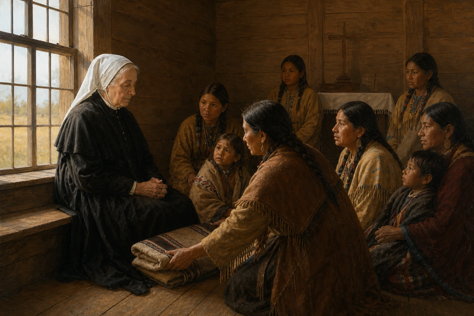 Rosa Filipina Duchesne ora en silencio acompañada por mujeres y niños potawatomi en Sugar Creek.