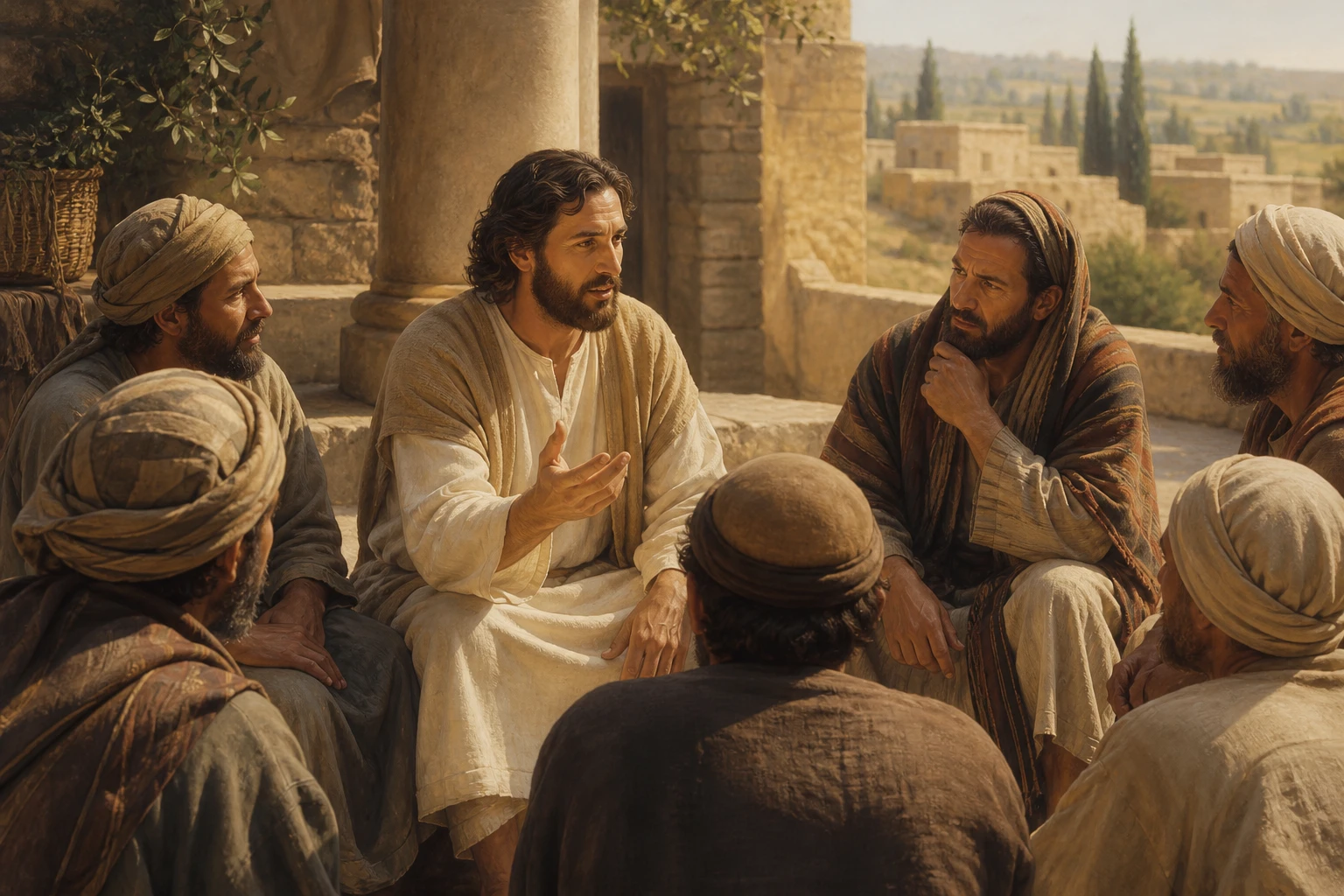 Jesús enseña serenamente a un grupo de oyentes en Judea.