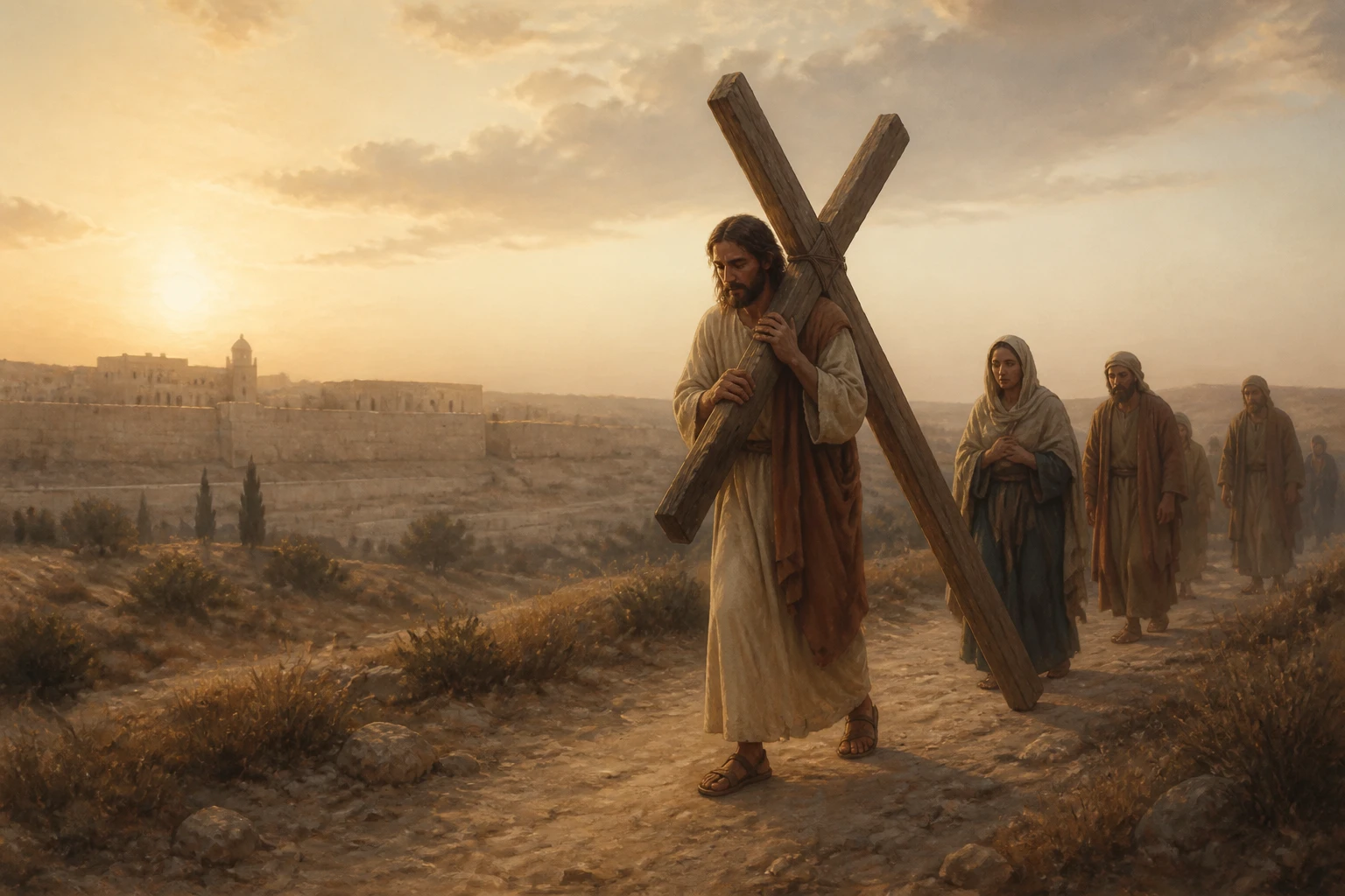 Jesús avanza con la cruz al amanecer acompañado en silencio.