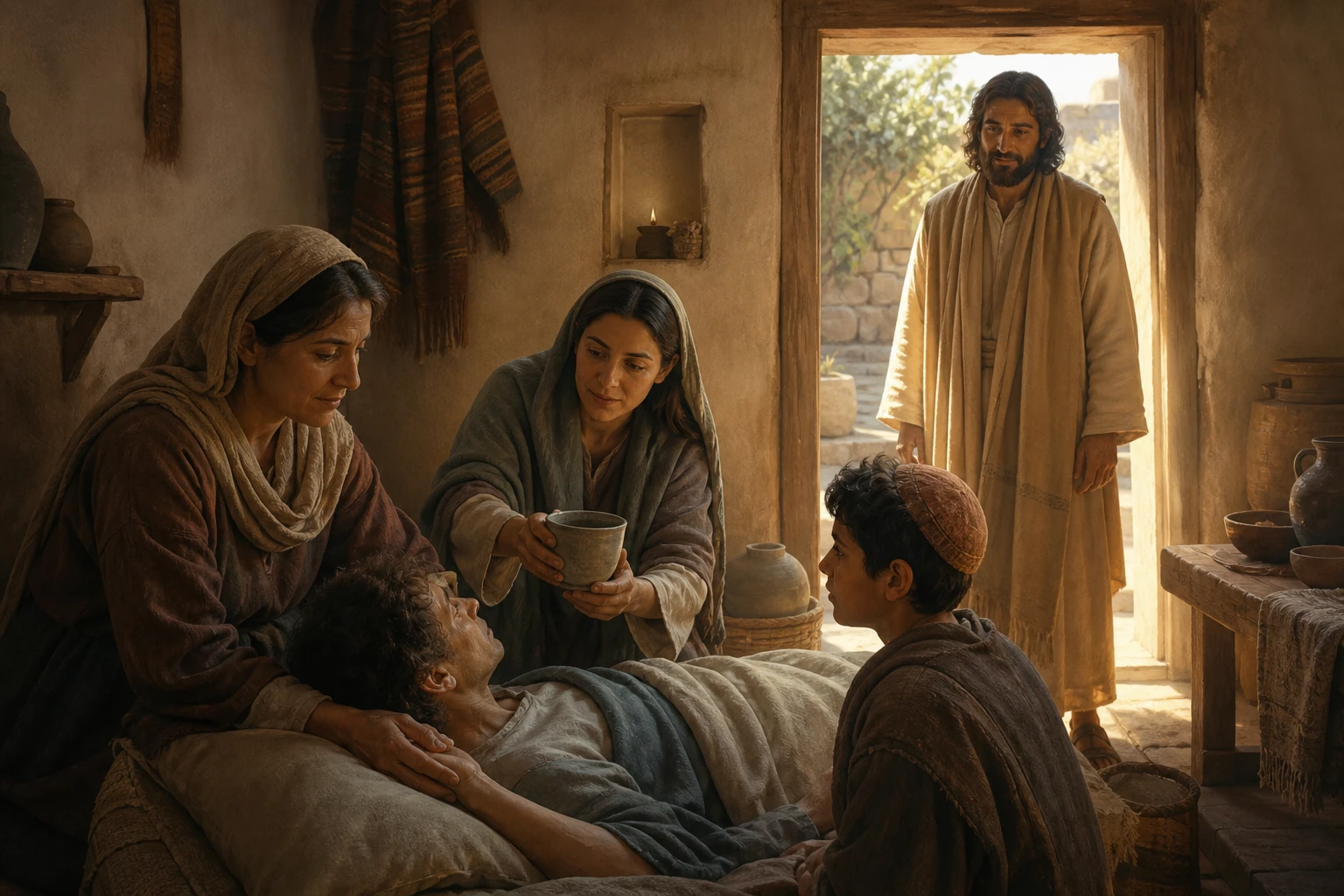 Una familia cuida a un enfermo mientras Cristo acompaña discretamente.