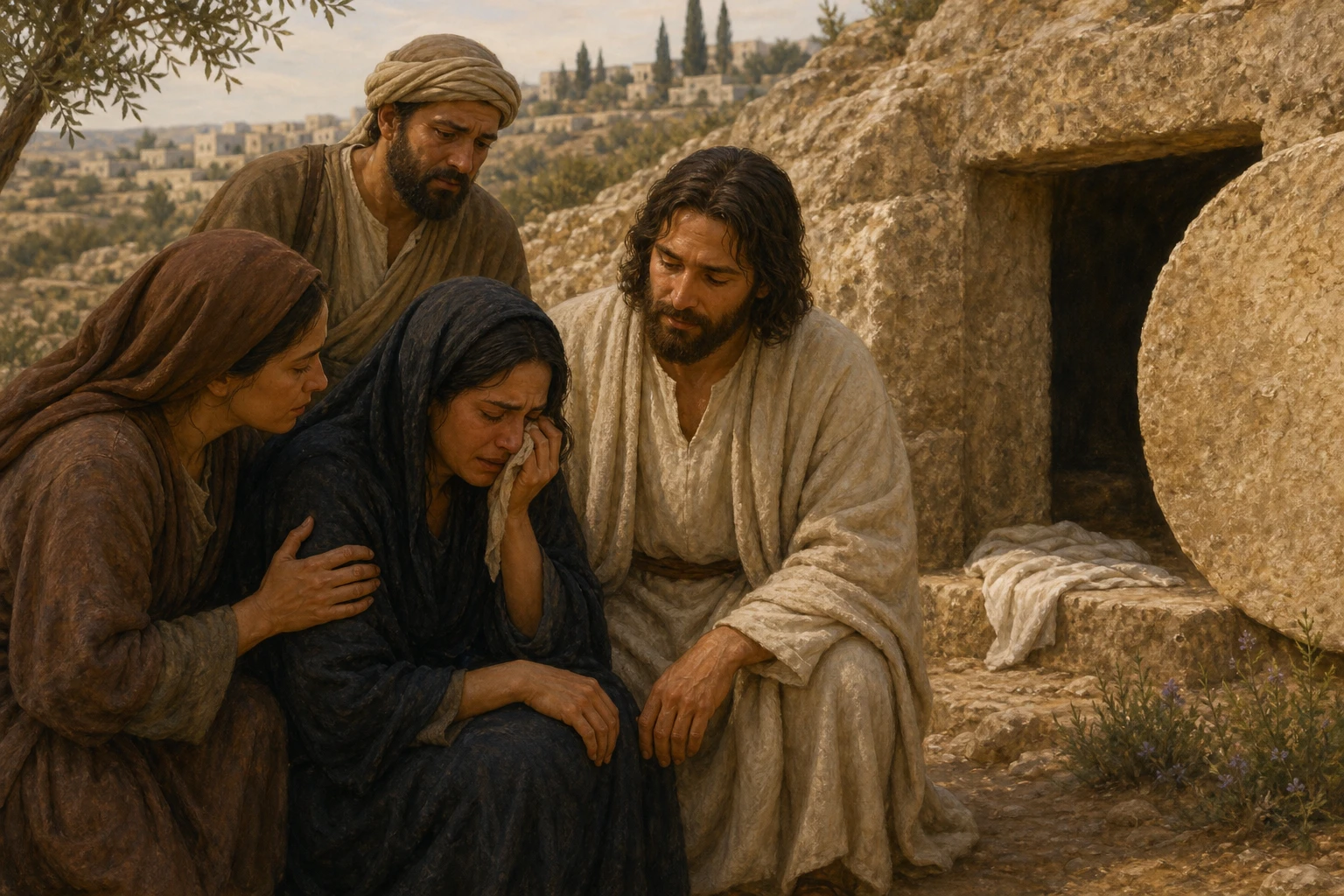 Jesús comparte el llanto de Marta y María junto a la tumba de Lázaro.