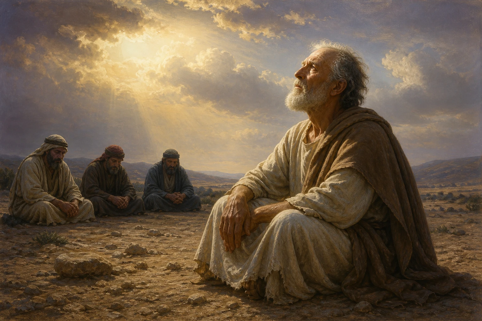 Job contempla la claridad tras la tormenta mientras sus amigos callan.
