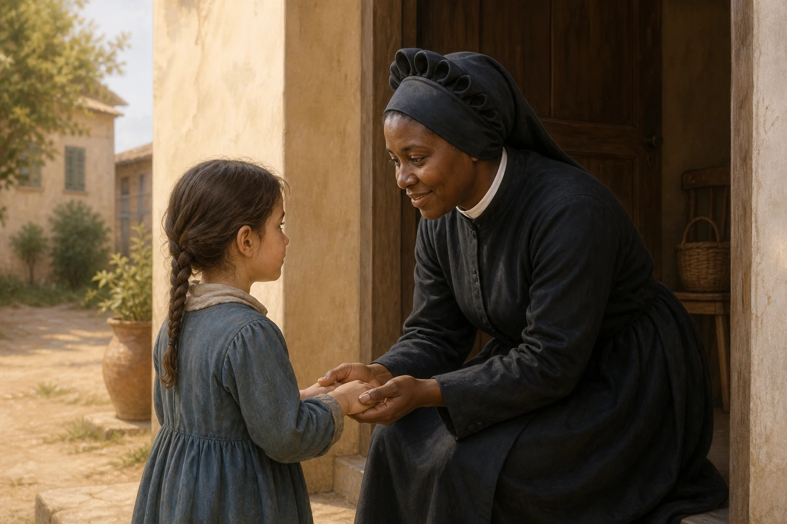 Santa Josefina Bakhita acoge a una niña en una casa canosiana.