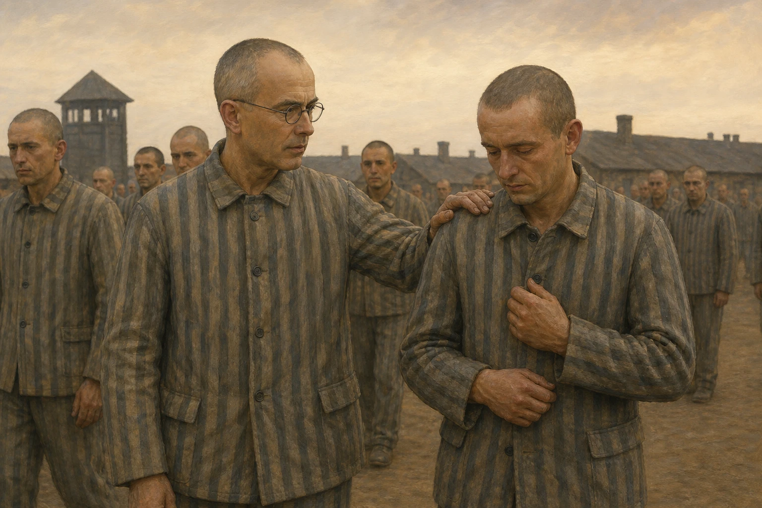 Maximiliano Kolbe apoya la mano en el hombro de otro prisionero.