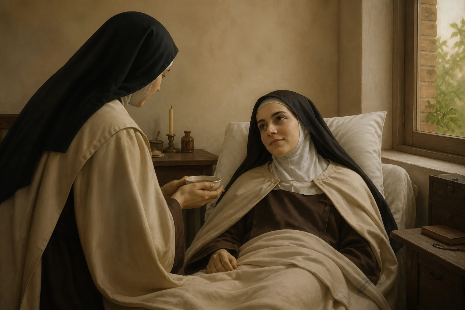 Santa Teresa de Lisieux enferma recibe el cuidado discreto de otra carmelita junto a una ventana.