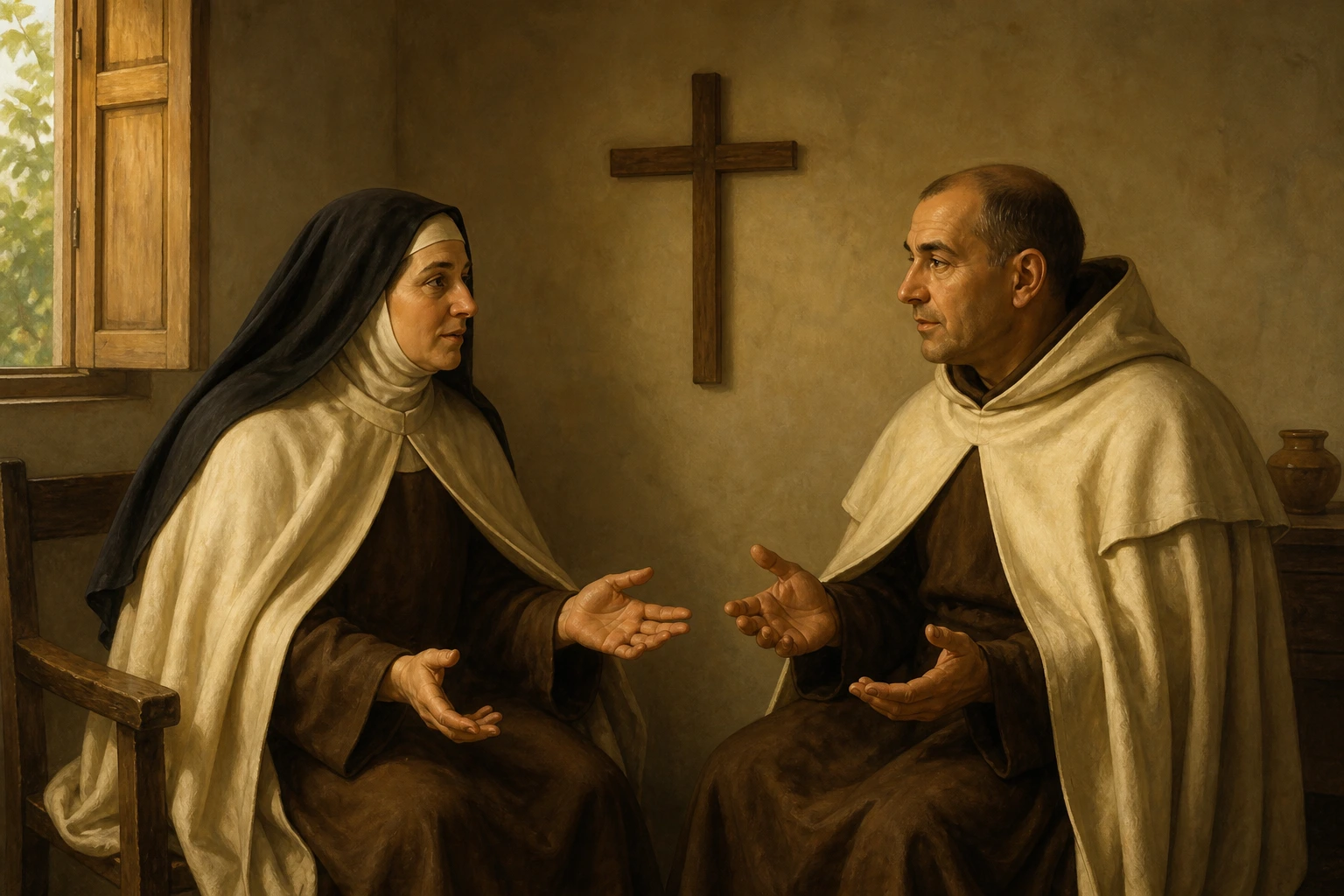 Santa Teresa de Jesús y san Juan de la Cruz conversan serenamente en un locutorio carmelita.