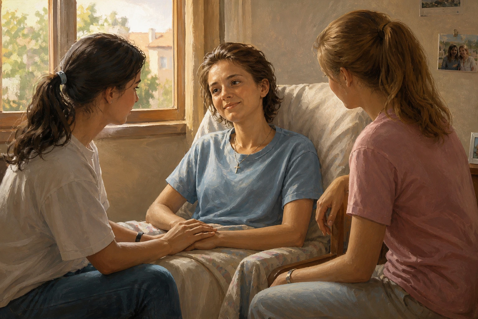 Chiara Badano conversa con dos amigas que la visitan durante su enfermedad.