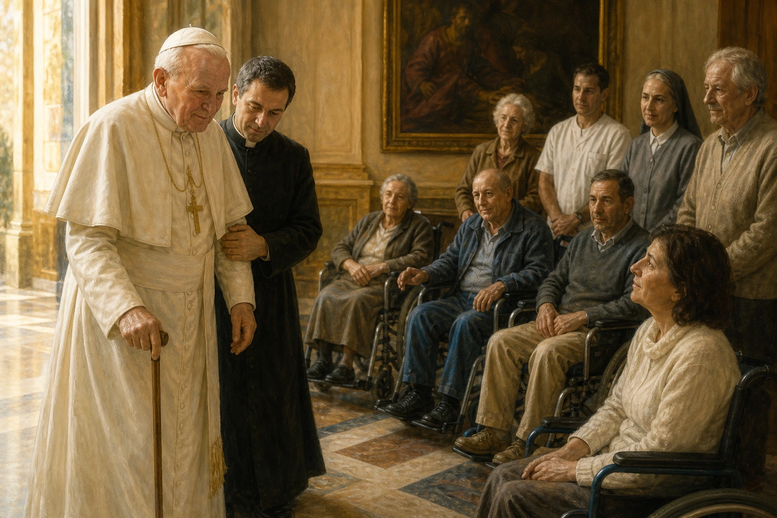 Juan Pablo II anciano recibe ayuda mientras se acerca a un grupo de personas enfermas.