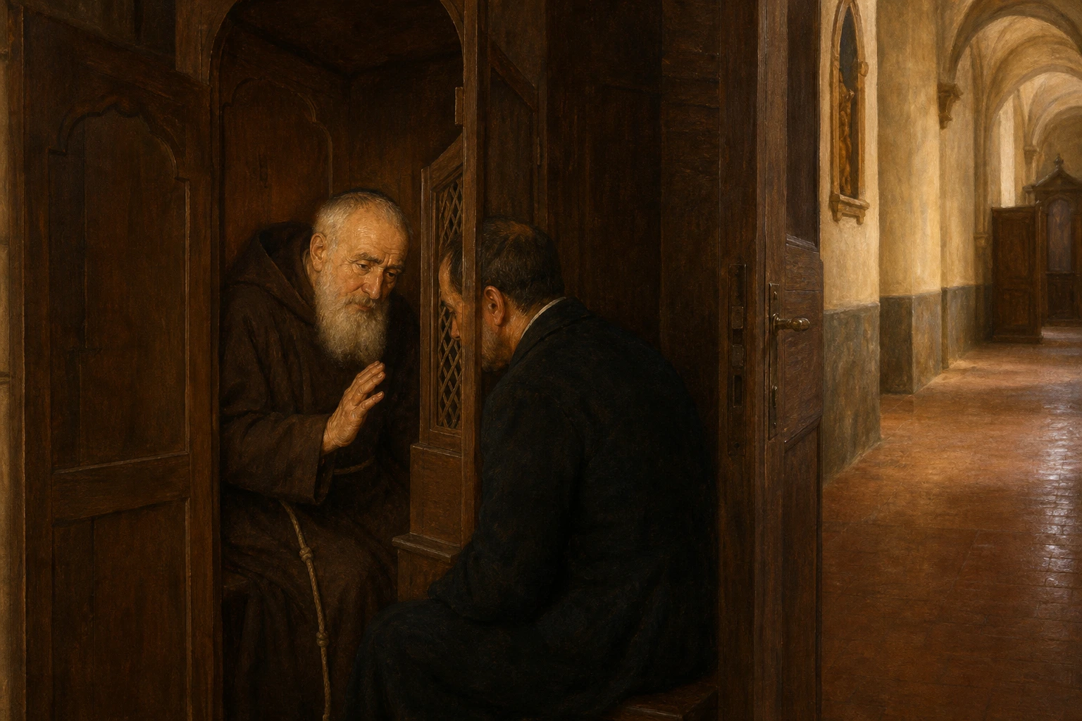 San Leopoldo Mandić escucha con paciencia a una persona en su pequeño confesonario de Padua.