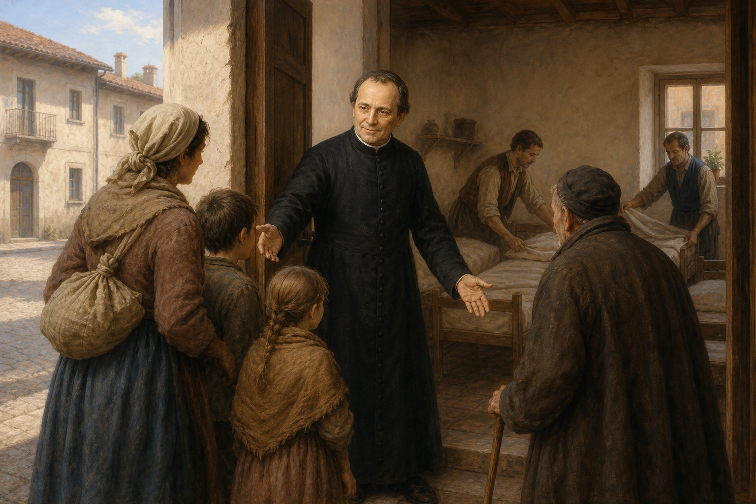 José Benito Cottolengo abre una casa de acogida a una madre, sus hijos y un anciano.