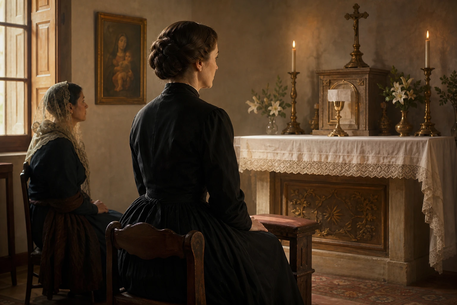 Isabel Ana Seton contempla en silencio un altar eucarístico acompañada por una mujer de la familia Filicchi.