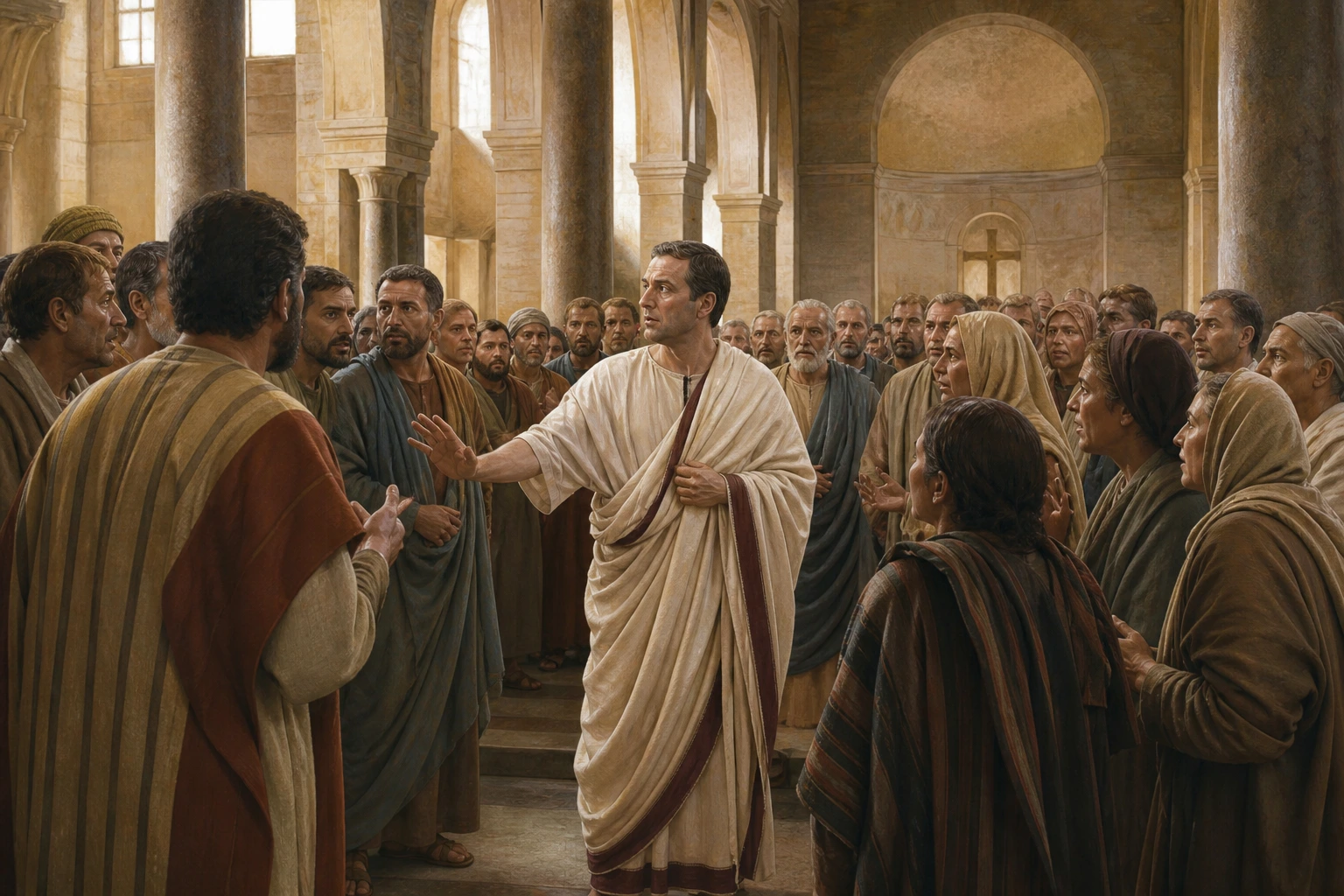Ambrosio, vestido como magistrado romano, calma a una asamblea cristiana en una basílica de Milán.
