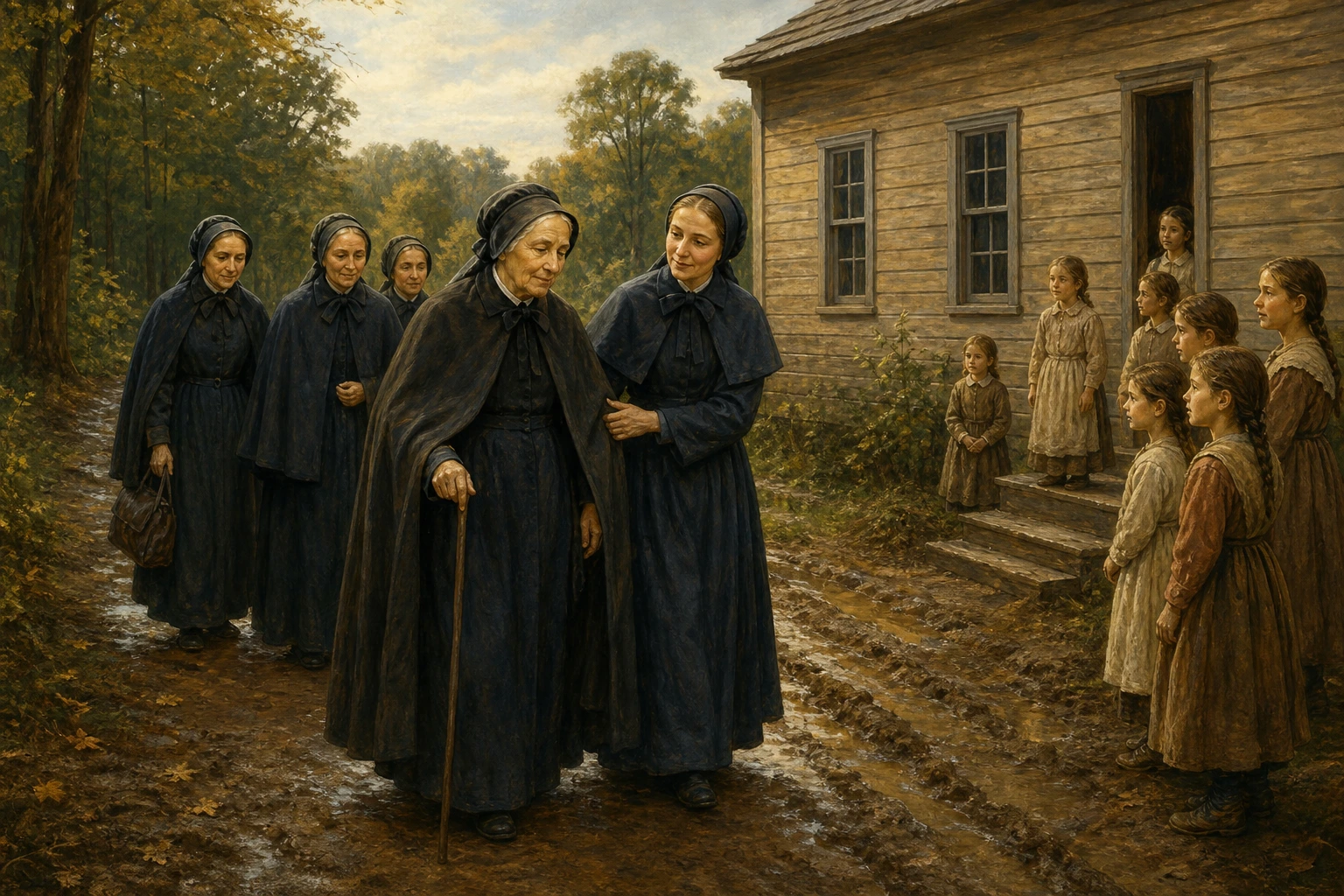 Santa Teodora Guérin avanza con sus hermanas hacia una escuela de madera entre los bosques de Indiana.